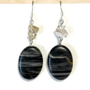 2/$20, Genuine Black Agate & Quartz Earrings, Gemstone & Sterling Silver Hooks